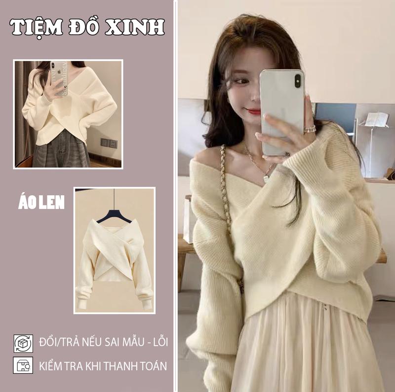 Áo len nữ tay dài trễ vai màu đỏ/kem , áo len vạt chéo chất dệt kim phong cách Hàn Quốc aolen  beo áo  len