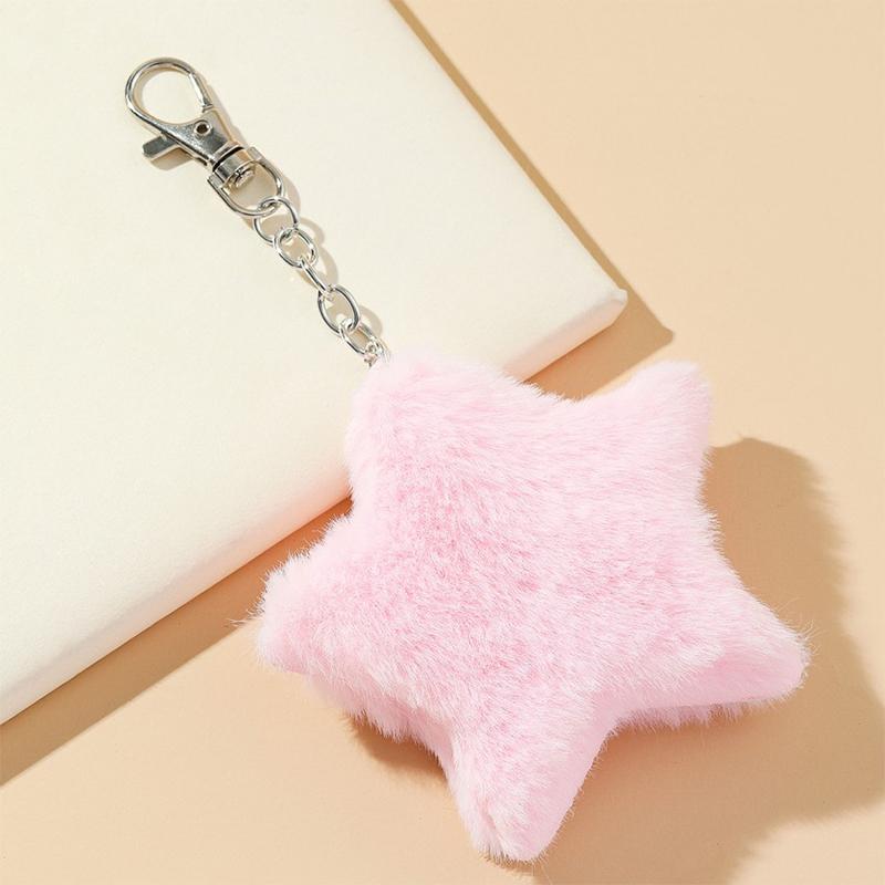 Product Introduction of New Star Plush Pendant Keychains for Women Girls Pentagram Key Chains Rings Hairball Bag Keyring Holder Charm Jewelry Accessory 9
