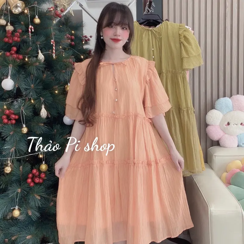 Đầm babydoll Nữ dáng suông rộng tay phồng phối nút siêu đẹp - M8 6