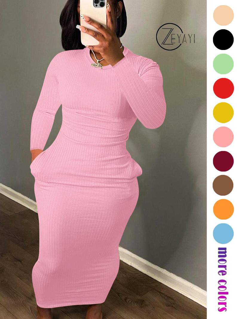 Product Introduction of Women's Solid Pocket Long Sleeve Bodycon Dress, Elegant Round Neck Dress for Party Holiday Wedding Guest, Ladies Fall & Winter Clothes, 2025 Trend, Spring & Fall Clothing, Going Out Dresses 5