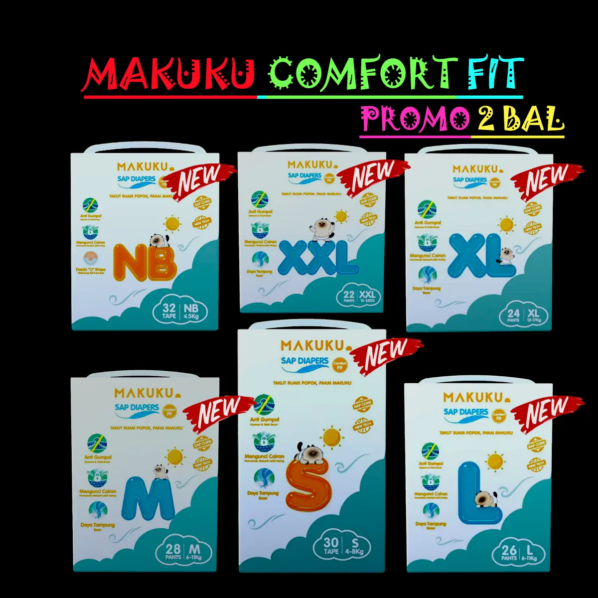 PROMO 2 BAL MAKUKU SAP DIAPERS COMFORT FIT Bayi Popok