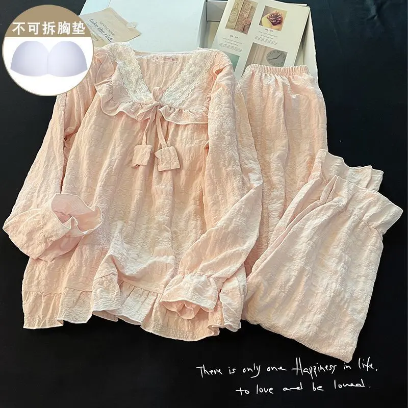 Bộ Đồ Ngủ Pijama Nữ, Phong Cách Ins, Làm Bằng Bông, Thích Hợp Cho Mùa Xuân Và Mùa Thu, Thiết Kế Đệm Ngực, Phong Cách Ngọt Ngào Cổ Chữ V