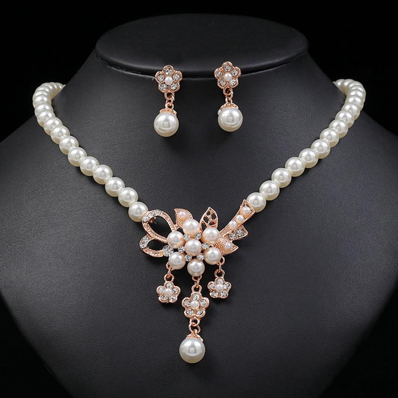 Ruitazd-Bộ Vòng Cổ Đính Cườm Cho Nữ, 1 Bộ, Ngọc Trai Giả Bóng, Kim Cương Giả, Hoa Nhúng, Vòng Cổ Cô Dâu, Bộ Bông Tai Đinh Tán, Trang Sức Đám Cưới 1
