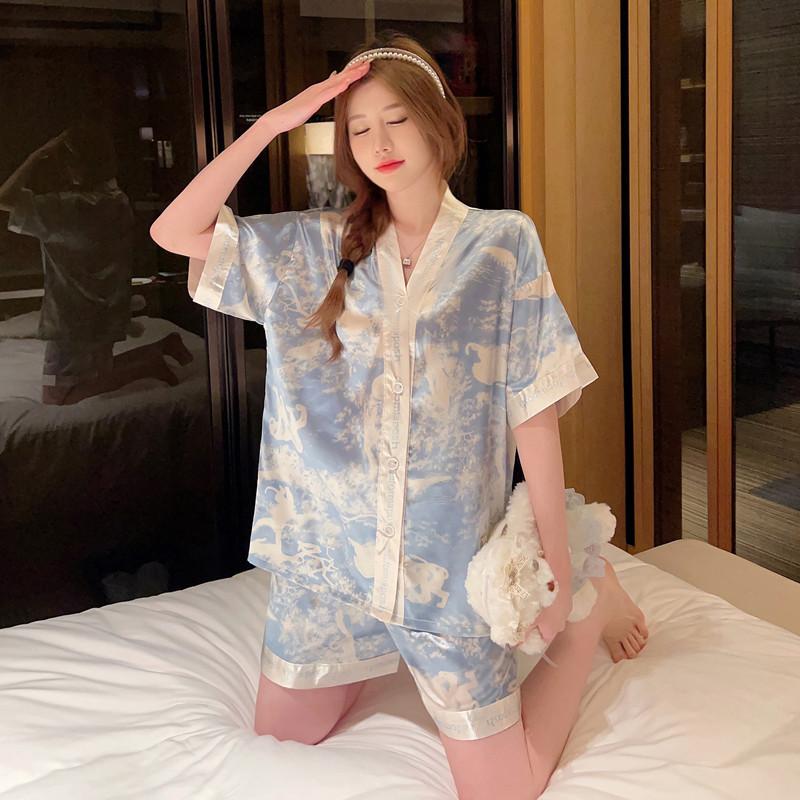 Ink Painting Ins Style Summer Women's Light Luxury Short Sleeve Loose High-end Feel Wearable Ice Silk Pajamas Loungewear Set 2