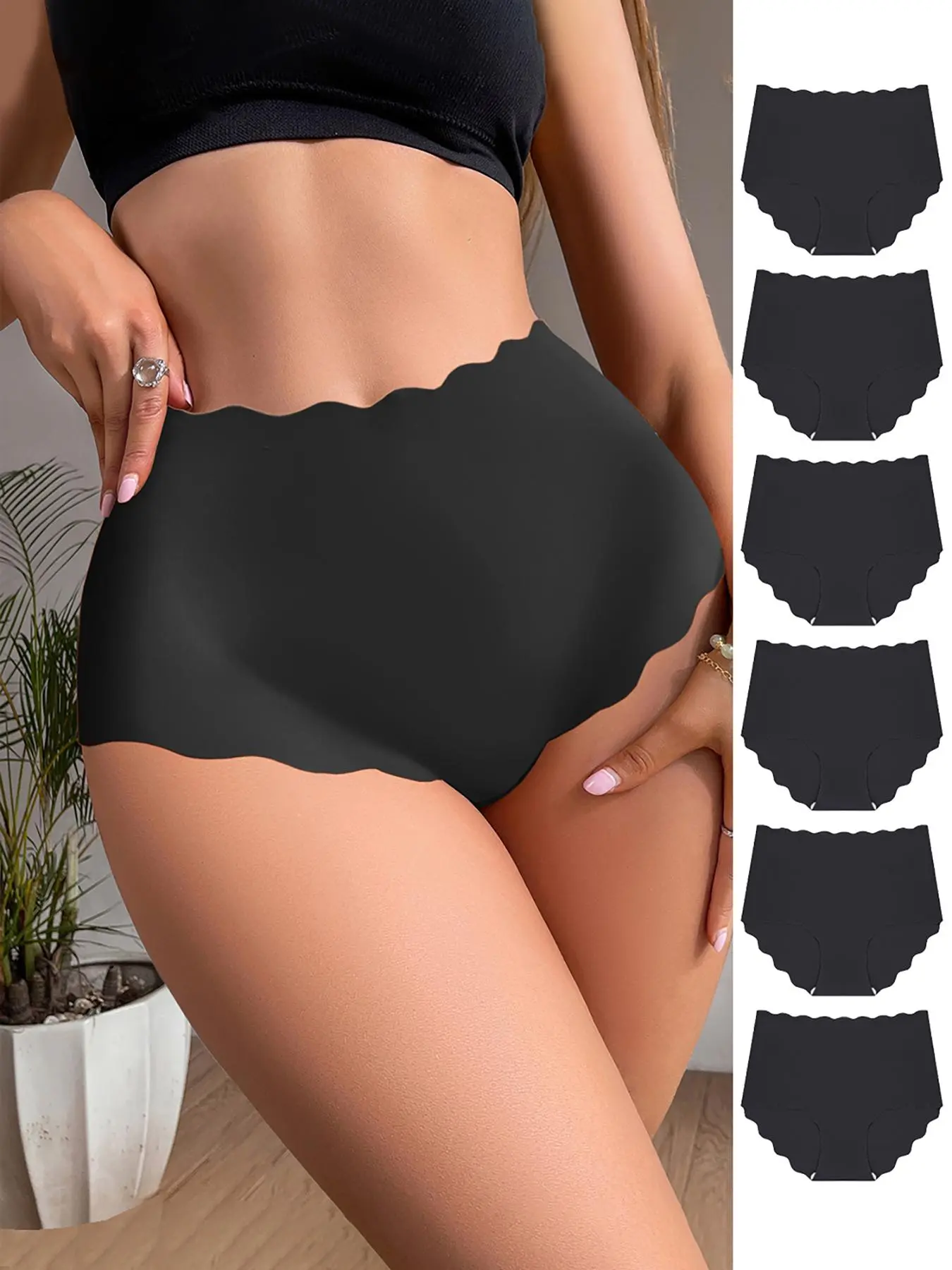 Women's Solid Scallop Trim High Waist Knicker, Breathable Comfortable Seamless Panty for Daily Wear, Women's Underwear for All Seasons