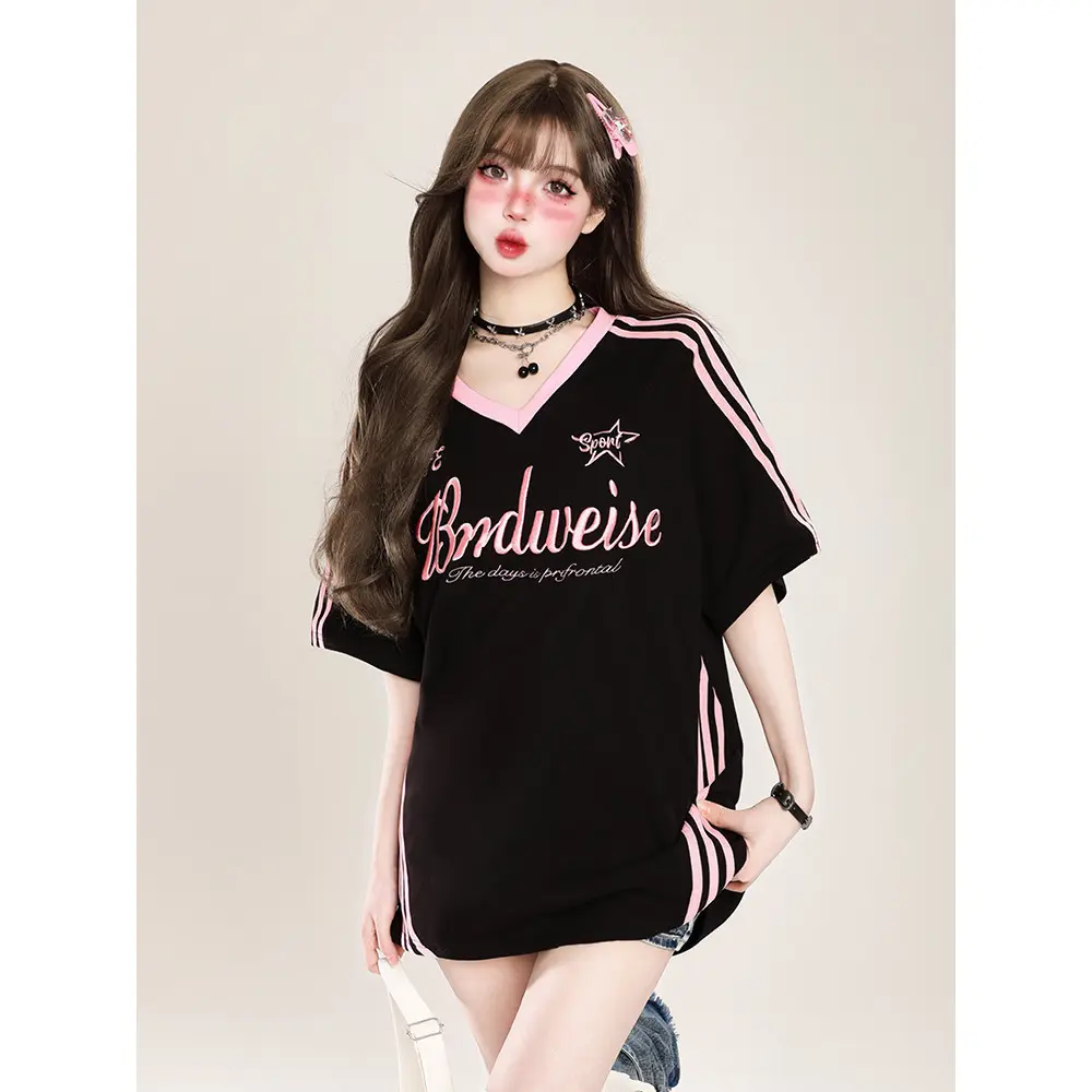 American Retro Stitching V-neck T-shirt Oversize Short-sleeved T-shirt for Women Summer Design Street T-shirt Niche Sports Shirt Top Womenswear Lingerie