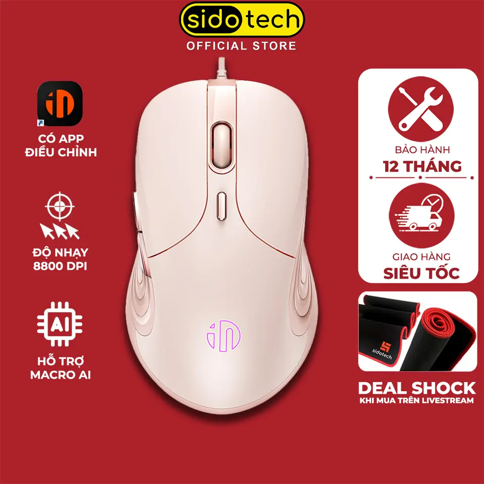 Chuột máy tính gaming SIDOTECH INPHIC B8 màu trà sữa có dây click silent LED RGB độ nhạy 8800 dpi điều chỉnh qua app macro ghìm tâm chơi game pubg liên minh mu drag click minecraft cho vi tính laptop pc