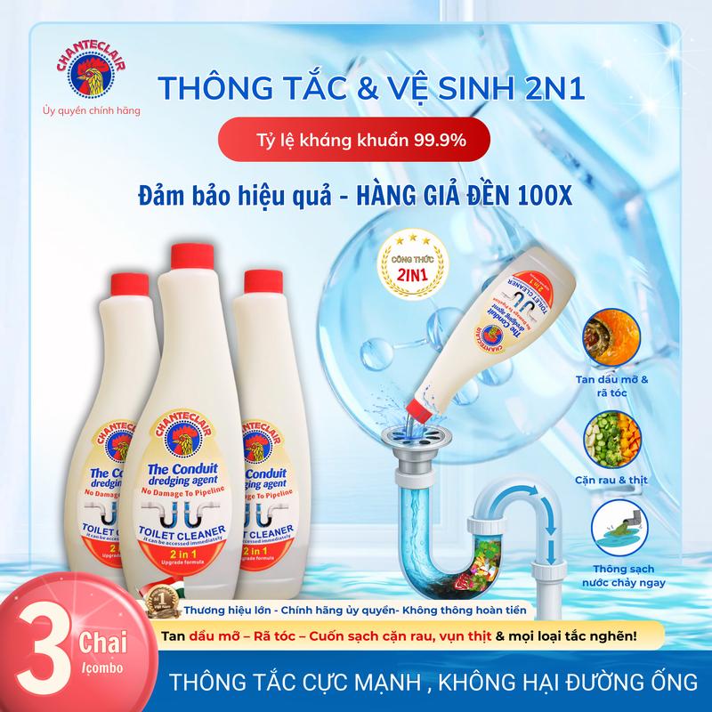  Bộ 3 Chai Gel Thông Tắc Cống 2in1 Chanteclair - Vệ Sinh & Tẩy Rửa Bồn Cầu – Combo 1800ml x3 Chai Làm Sạch Đa Năng Tan Mỡ & Tóc Khử Mùi Không Cần Chà Siêu Nhanh An Toàn Đường Ống Diệt Khuẩn 99.9% 