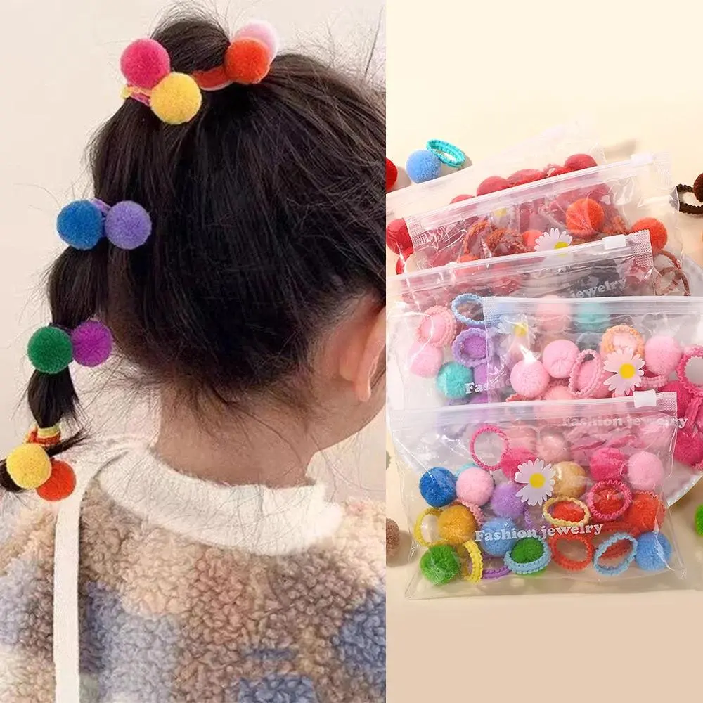 20Pcs Girls Colorful Plush Ball Elastic Hair Bands Kids Hair Ropes Ties Ponytail Rubber Bands Headwear Hair Accessories Gift