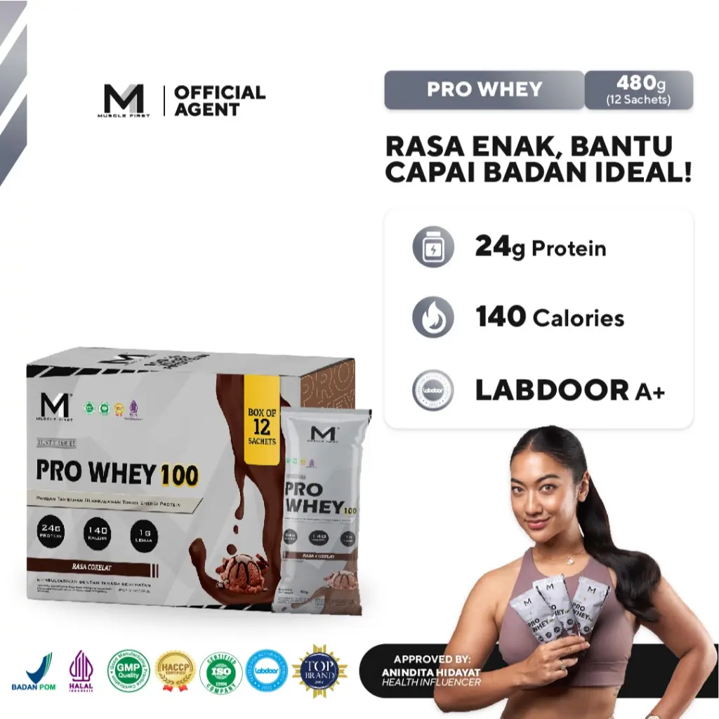 MUSCLE FIRST Pro Whey 100 Box isi 12 Sachet - Whey Protein Suplemen Fitness