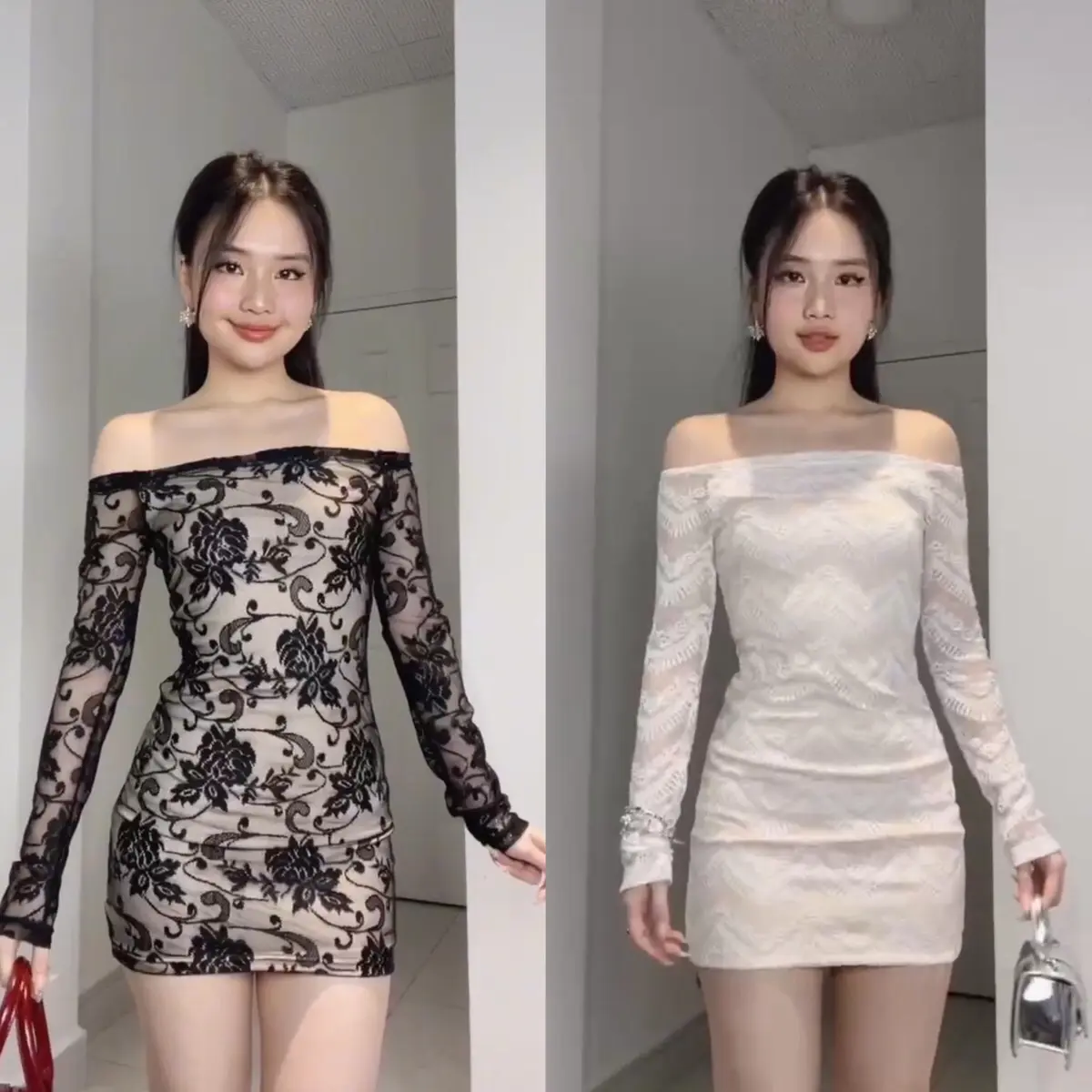 Đầm ôm ren tay dài trễ vai