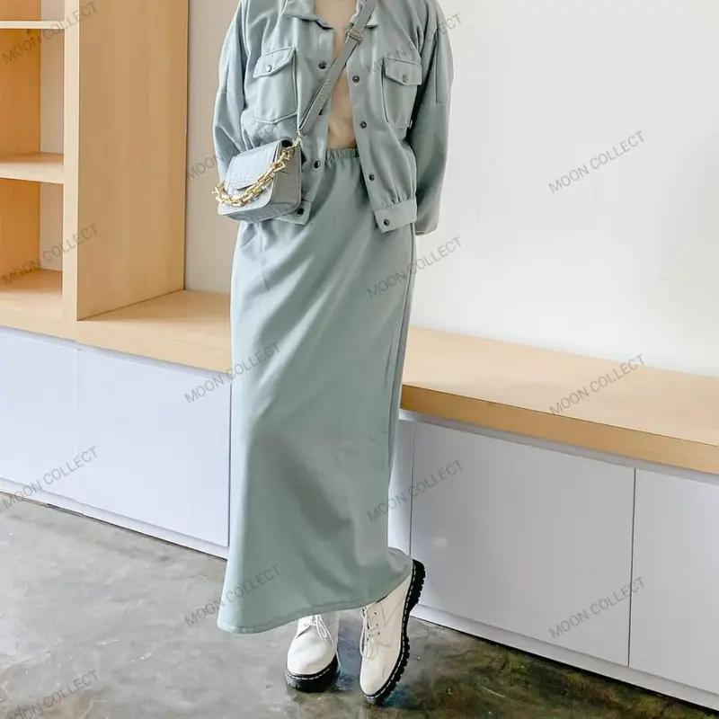 One Set Jaket Bomber Varsity Rok Basic Polos Outer Wanita Oversize | Moon Collect 3