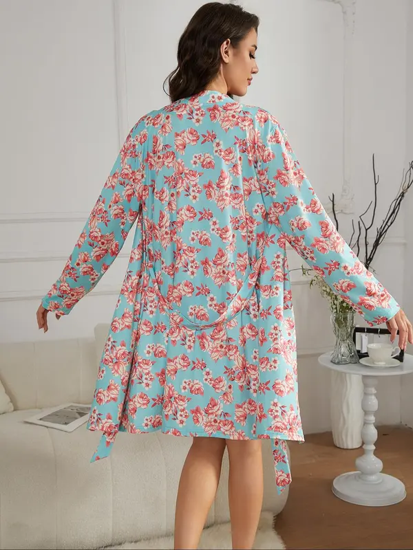 Women's All Over Floral Print Belted Long Sleeve Robe & Lace Trim V Neck Cami Nightdress Two-Piece Set, Casual Comfy Loungewear Set for Women, Women's Sleepwear for All Seasons 1