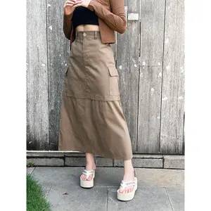 Lady Cargo Skirt - Rok Cargo Wanita - Rok Chinos Stretch Casual Panjang Tebal Pendek Hitam A-Line Brown