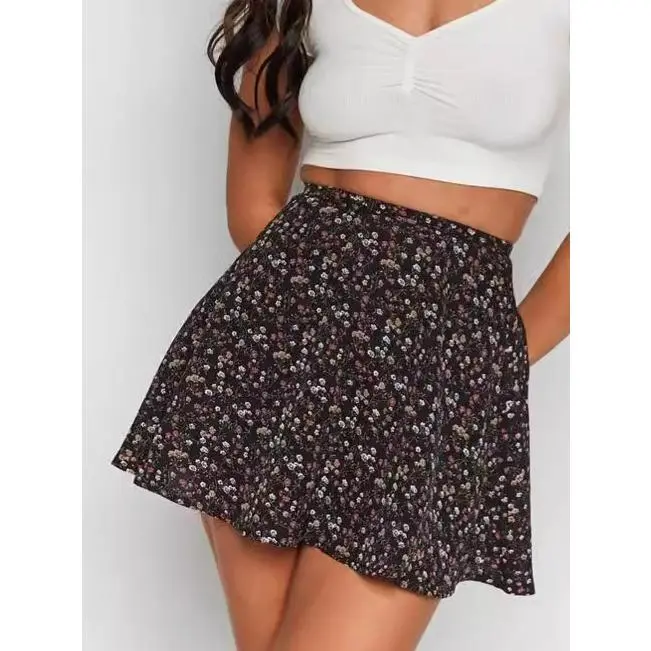 [LS] Floral Skirt Chiffon Printed Umbrella Skirt Fresh Invisible Zipper Skirt Lady Fashion Basic New Hot Sale Womenwear Minimalist Model 6644