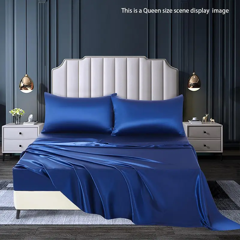 Solid Color Satin Bedding Set (4 Counts/set), Including 1 Flat Sheet, 1 Fitted Sheet & 2 Pillowcase without Filler, Soft Comfortable Bedding Set for Home Bedroom 0