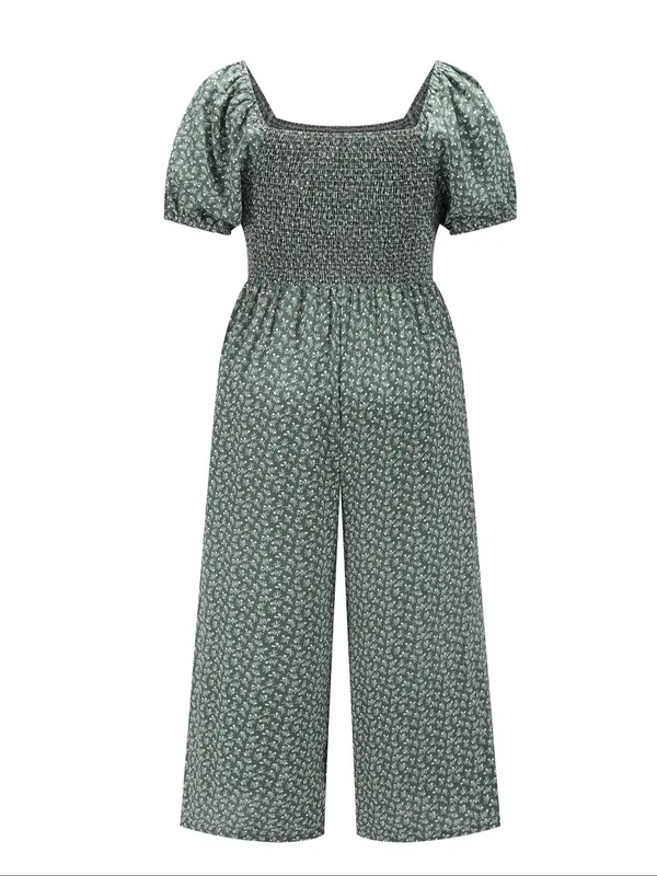 [Plus Size] Ditsy Floral Print Shirred Jumpsuit, Jumpsuits for Women, Boho Fashion Puff Sleeve Square Neck Jumpsuit for Daily Vacation Wear, Women Plus Clothing Overalls for Summer 6