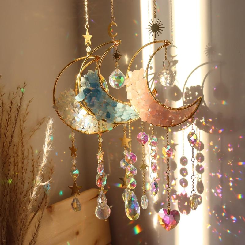 Artificial Crystal Sun Catcher, 1 Set Moon Decor Hanging Ornament, Hanging Decor, Fantasy Hanging Sun Catcher for Home Room Garden Window Wall Decoration, Pink Stuff, Sparkleshomeware, Windchimes 4