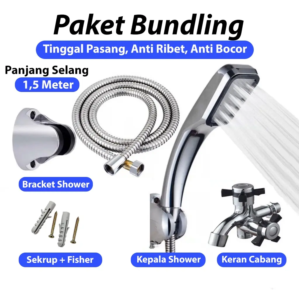PAKET KOMPLIT SHOWER / Selang Shower Flexible 150cm / Kepala Shower 300 Lubang / Selang Shower Uk 1/2  Set