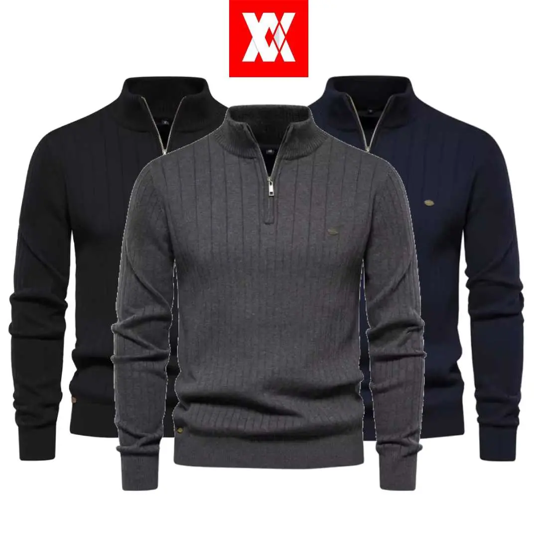 Valir Minkyo - Sweater Rajut Pria Panjang Keren Terbaru BahanTebal cowok L Knitwear Jaket Kerah Hitam Abu