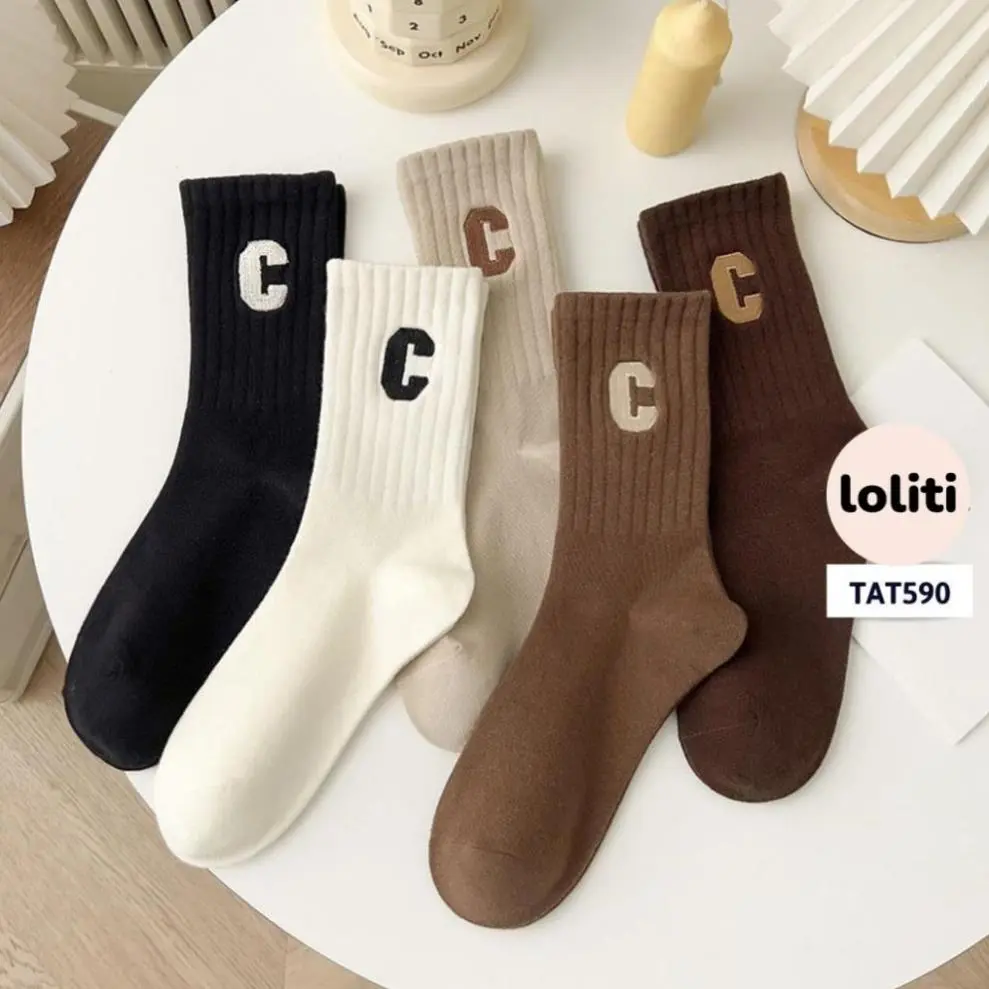 TAT590 Tất vớ nam nữ chữ C cao cổ bo chân chất cotton dày dặn thấm mồ hôi LOLITI