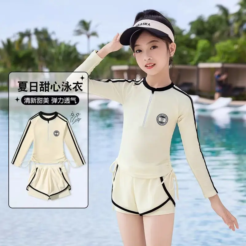Đồ Bơi Trẻ Em Bé Gái, Bộ Sưu Tập 2025, Thiết Kế Xẻ Tà, Chống Nắng, Dành Cho Trẻ Trung Và Lớn, Hàng Mới Về, Dài Tay, Thích Hợp Cho Học Sinh Bé Gái, Trang Phục Tập Luyện Chuyên Nghiệp 0