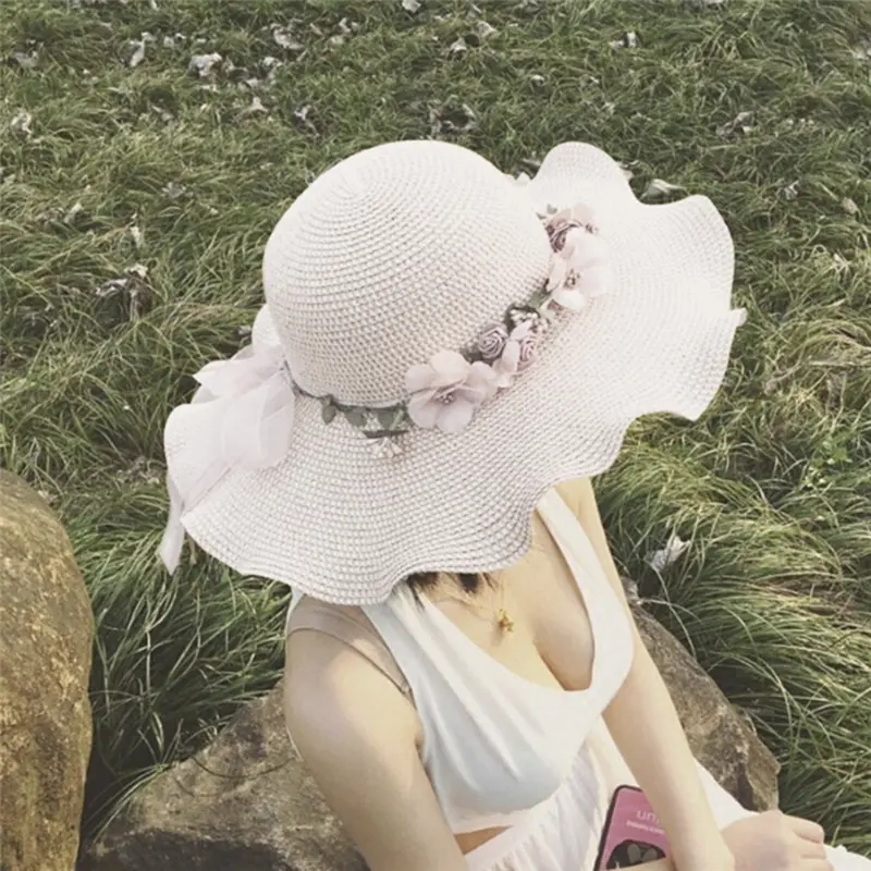 Topi Pantai Matahari Musim Panas, untuk Wanita dan Wanita, Topi Matahari Luaran, Rekaan Bunga Elegan, 1pc