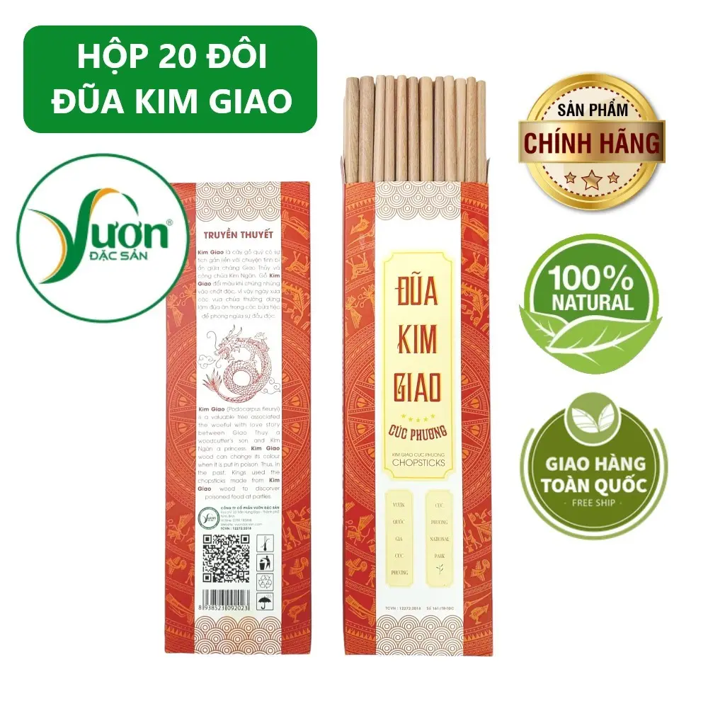 Hộp 20 Đôi Đũa gỗ Kim Giao Cúc Phương (Dài 27cm) GỖ QUÝ thẳng không cong vênh không bị nấm mốc 100% tự nhiên đũa ăn cơm cao cấp - Vườn Đặc Sản đũa bạcnguyênchất