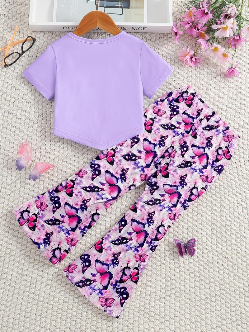 Product Introduction of Girl's Butterfly & Floral Print Tee & Flare Leg Pants Two-piece Set, Casual Fashion Round Neck Short Sleeve T-shirt & Bell Bottom Trousers for Daily Wear, Kids Summer Clothes 2
