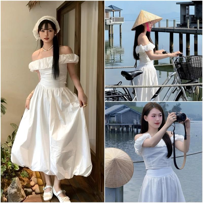 Sét Váy Áo Trễ Vai Croptop + Chân Váy Maxi Bí Phồng Chất Nhuyễn Lụa