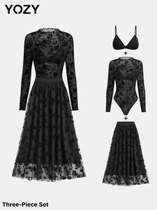 YOZY Women's Floral Pattern Mock Neck Sheer Bodysuit & Bra & Skirt Set, Women's Clothing Set for All Seasons