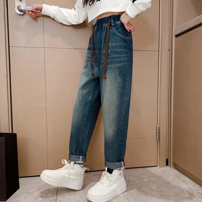 Product Introduction of Baggypants Jeans Celana baggy anak perempuan Baggy Jeans Usia 6-12 tahun  Celana baggy Jeans anak Polos Low Waist Fashion 10-11 tahun snowhitam bawahan Kulot 3