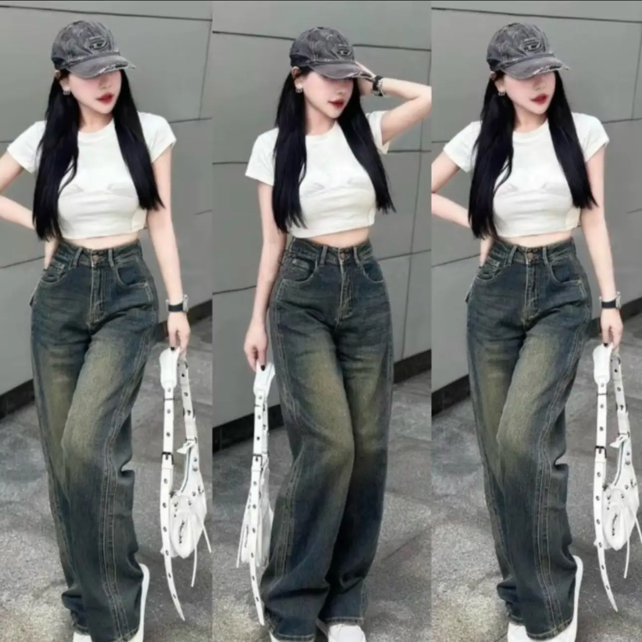 Quần Jean Nữ Ống Rộng Lưng Cao Nâng Mông Chít Bên Hông V122 - Bò Xanh Dơ - Women, Ong