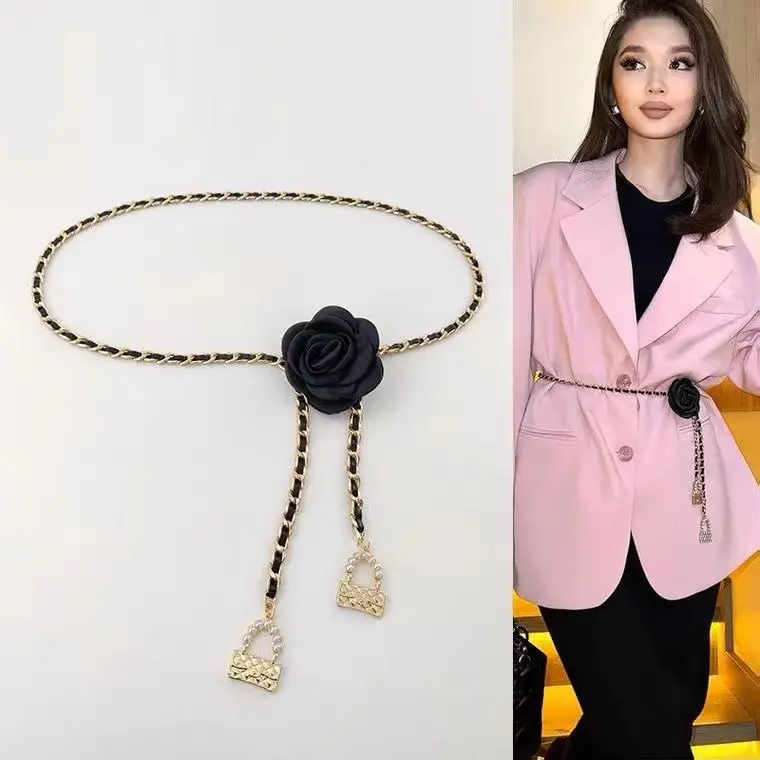 Dây Chuyền Đeo Hông Ngọc Trai Hoa Trà, Thắt Lưng Có Thể Điều Chỉnh Hoa Đen Trắng, Dây Chuyền Đeo Hông Dễ Phối Đồ Thích Hợp Cho Váy, Áo Sơ Mi Và Váy, Thắt Lưng Sành Điệu Trang Trí 1