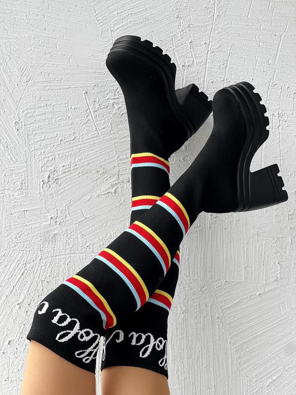 Women's Fashion Striped Print Over-the-knee Boots, Punk Style High Heel Boots for Fall & Winter, Trendy Letter Print Chunky Heel Boots 9