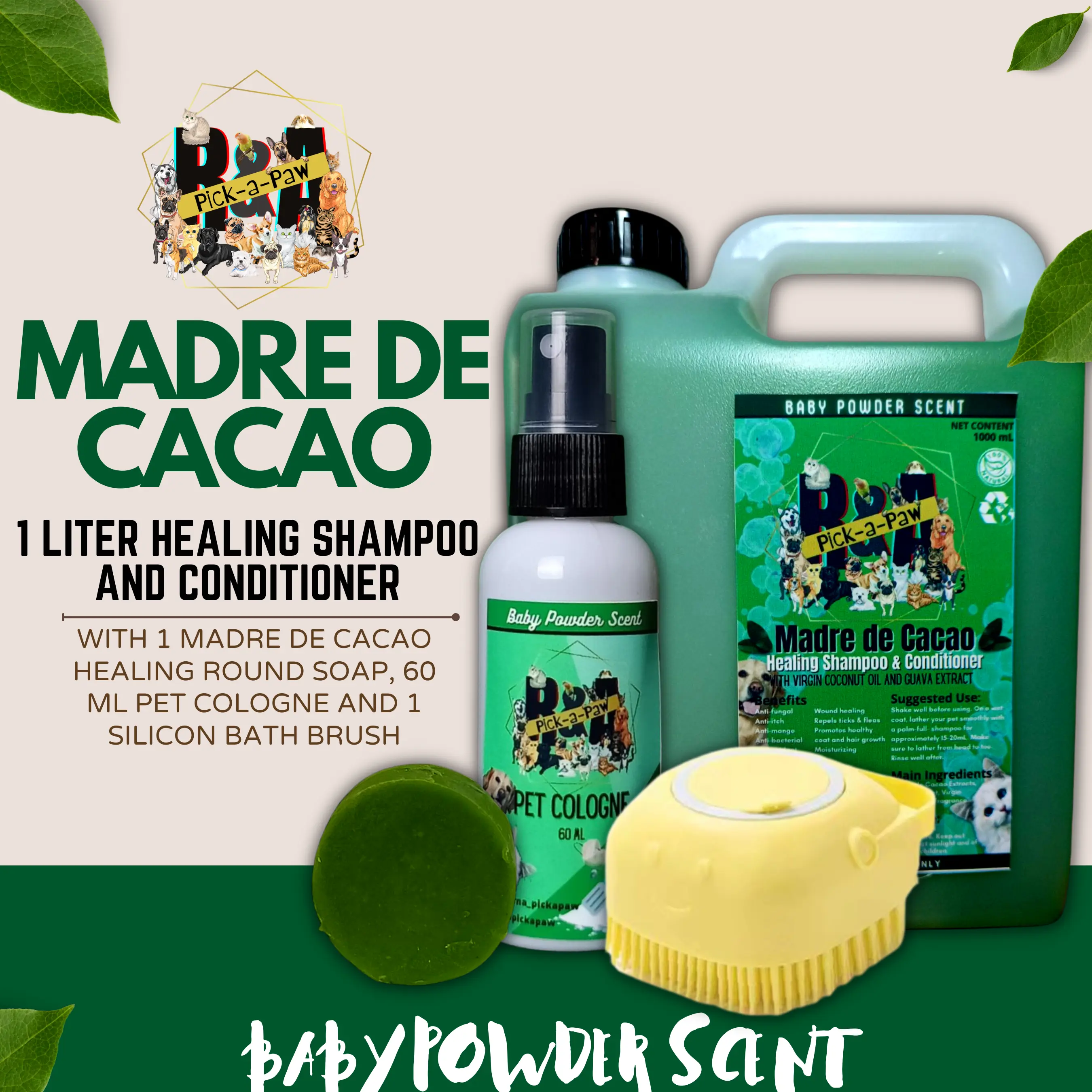 QUATRO PACK Madre de Cacao Shampoo & Conditioner, Pet Cologne, Pet Brush and  Round Soap