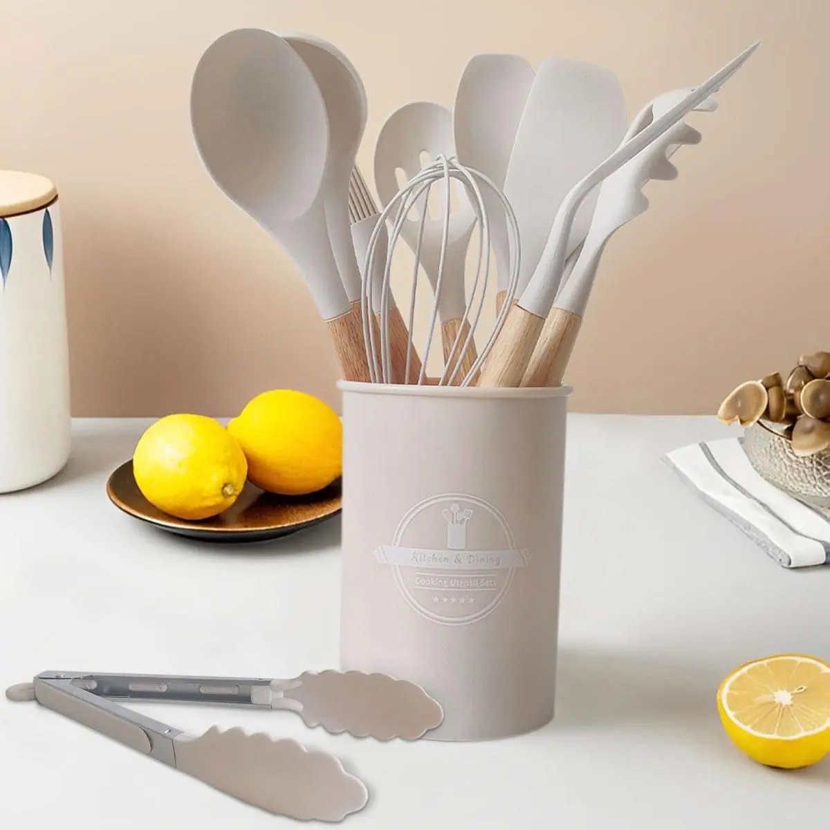 Silicone Cooking Utensils Set with Wooden Handle, 12pcs/set Cooking Spatula & Spoon & Tongs & Whisk & Basting Brush & Storage Bucket, Cookware Set