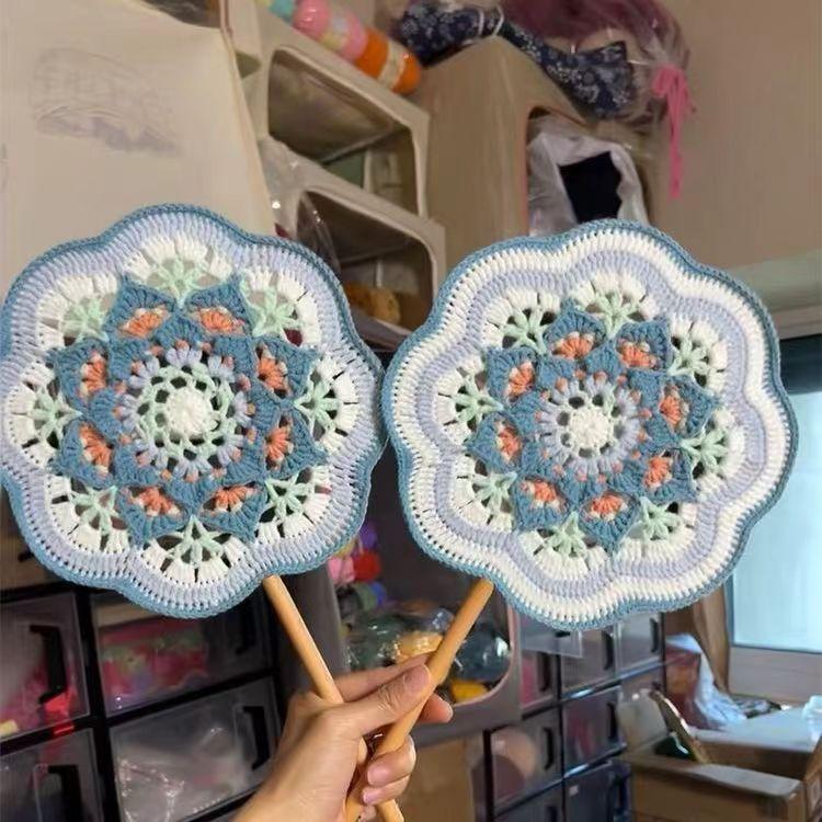 Product Introduction of Boredom Relief Yarn Handmade Weaving Dunhuang Color Scheme Ancient Style Round Fan Crochet Chinese Fan DIY Materials Handmade Gift 1