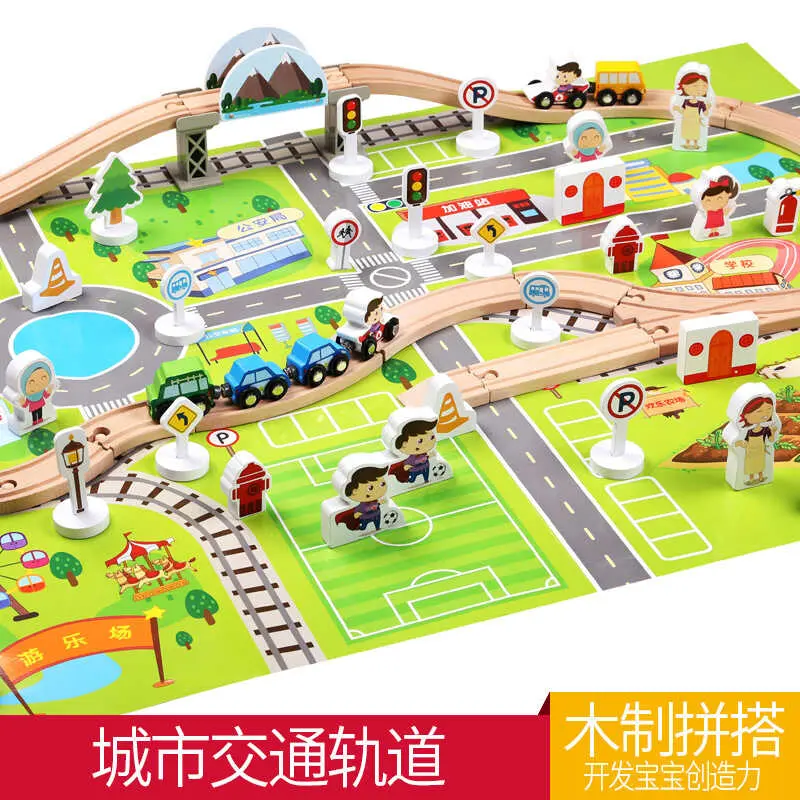 Children's puzzle toys 80pcs train track wooden magnetic city traffic scene combination