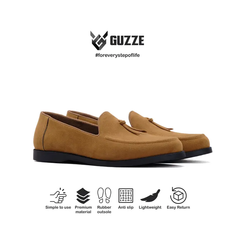 Guzze Sydney Sepatu Slip On Pria Loafer Suede Tan Gaya Tanpa Hak Flat Shoes Kerja 0