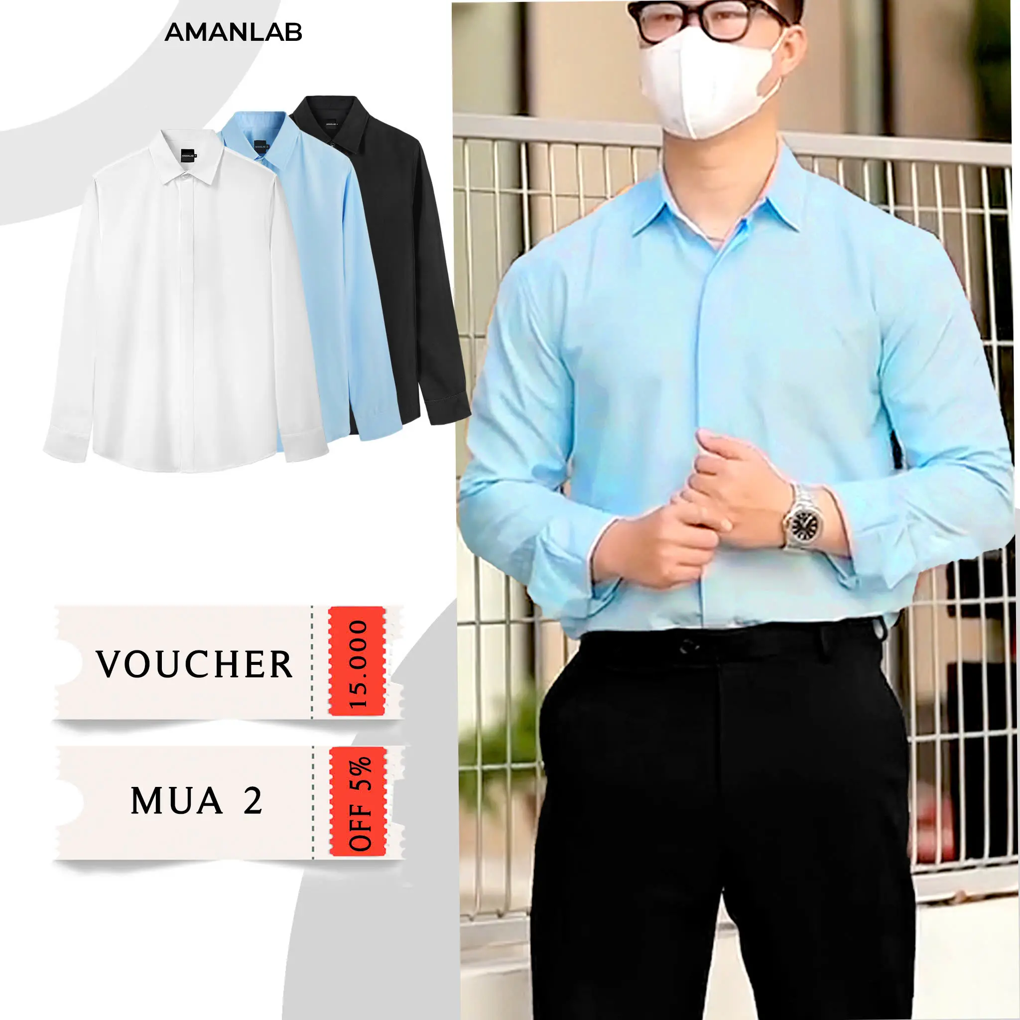 Áo sơ mi nam dài tay, đen và trắng, chất lụa thoáng mát, không nhăn, form regular Basic Menswear
