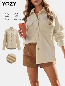 YOZY Women's Solid Button Front Pocket Fleece Jacket, Casual Drop Shoulder Asymmetrical Hem Long Sleeve Collared Outerwear for Fall & Winter, Ladies Clothes for Daily Wear