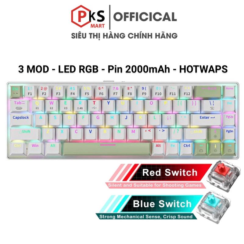 PKSMART - K68-D1 - Bàn Phím Cơ 68 Nút - 3 Mod Kết Nối Bluetooth USB 2.4g - LED RGB - Đã Lube Stab - Blue Red Switch - Hotwaps - Pin Sạc 2000Mah - Dùng Cho Máy Tính Laptop Và Các Thiết Bị Di Động - Kết Nối Có dây Không Dây - Bảo Hành Lỗi Đổi Mới