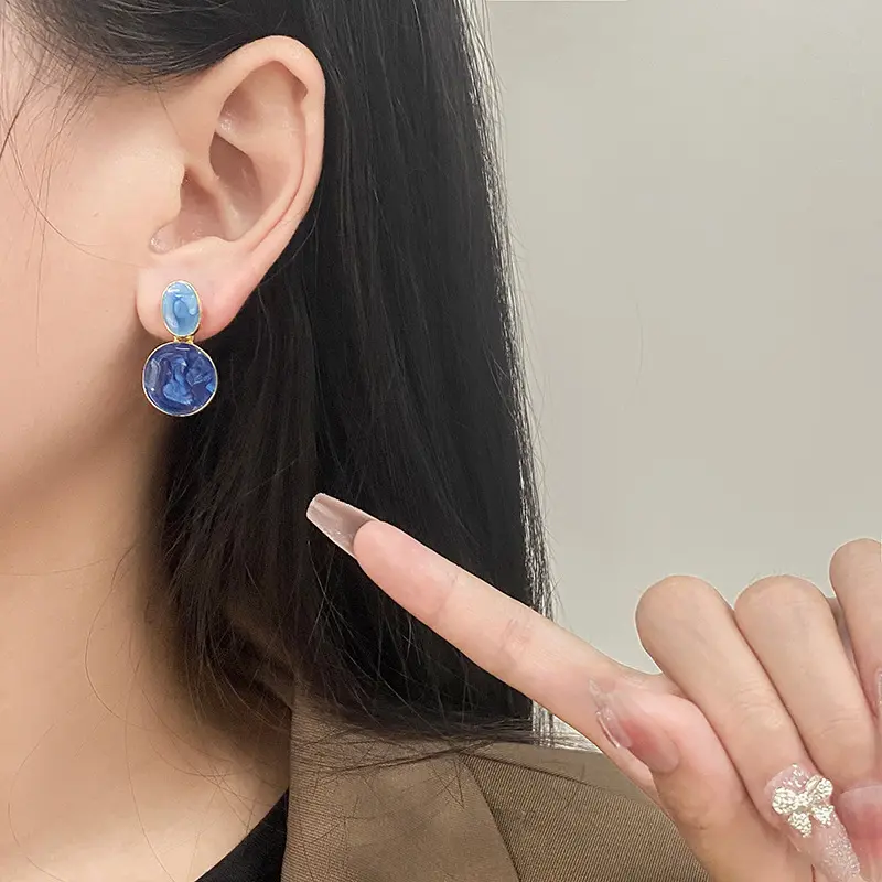Hoa Tai Thiết Kế Độc Đáo Tráng Men Màu Xanh Dương, Hàng Mới Về, Kết Cấu Tinh Tế Cao Cấp, Màu Xanh Biển Trang Sức Tai, Hoa Tai Kim Bạc S925