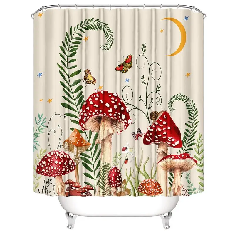 Bộ Rèm Thảm, 4 Cái, Họa Tiết Hình Nấm Và Bướm, Rèm Tắm Polyester Chống Thấm Nước, Có Móc, Thảm Chống Trượt, Thảm Hình Chữ U, Tấm Bọc Nắp Bồn Cầu, Trang Trí Phòng Tắm 2