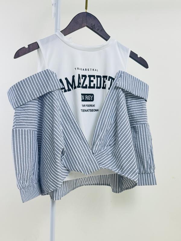 Áo Sơ Mi Nữ Hở Vai Thiết Kế Xoắn Bụng - Chất Liệu Cotton Sọc Xốp Phối Áo Lót in Top Women Cổ Tròn Tim