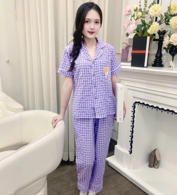 Đồ ngủ Nữ Bộ ngủ pyjama Nữ quần dài kẻ caro chất vải thô mềm mại