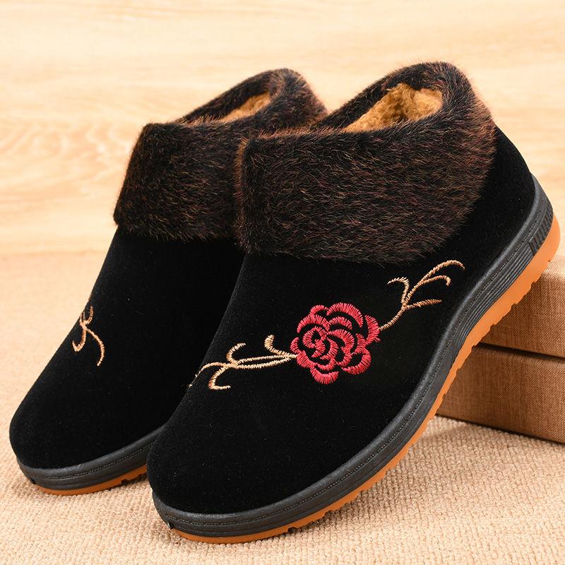 Giày Vải Mùa Đông Cho Nữ, Bốt Cotton Dày Lót Lông Cừu, Ấm Áp, Chống Trượt, Cho Người Trung Niên Và Người Già, Ống Ngắn