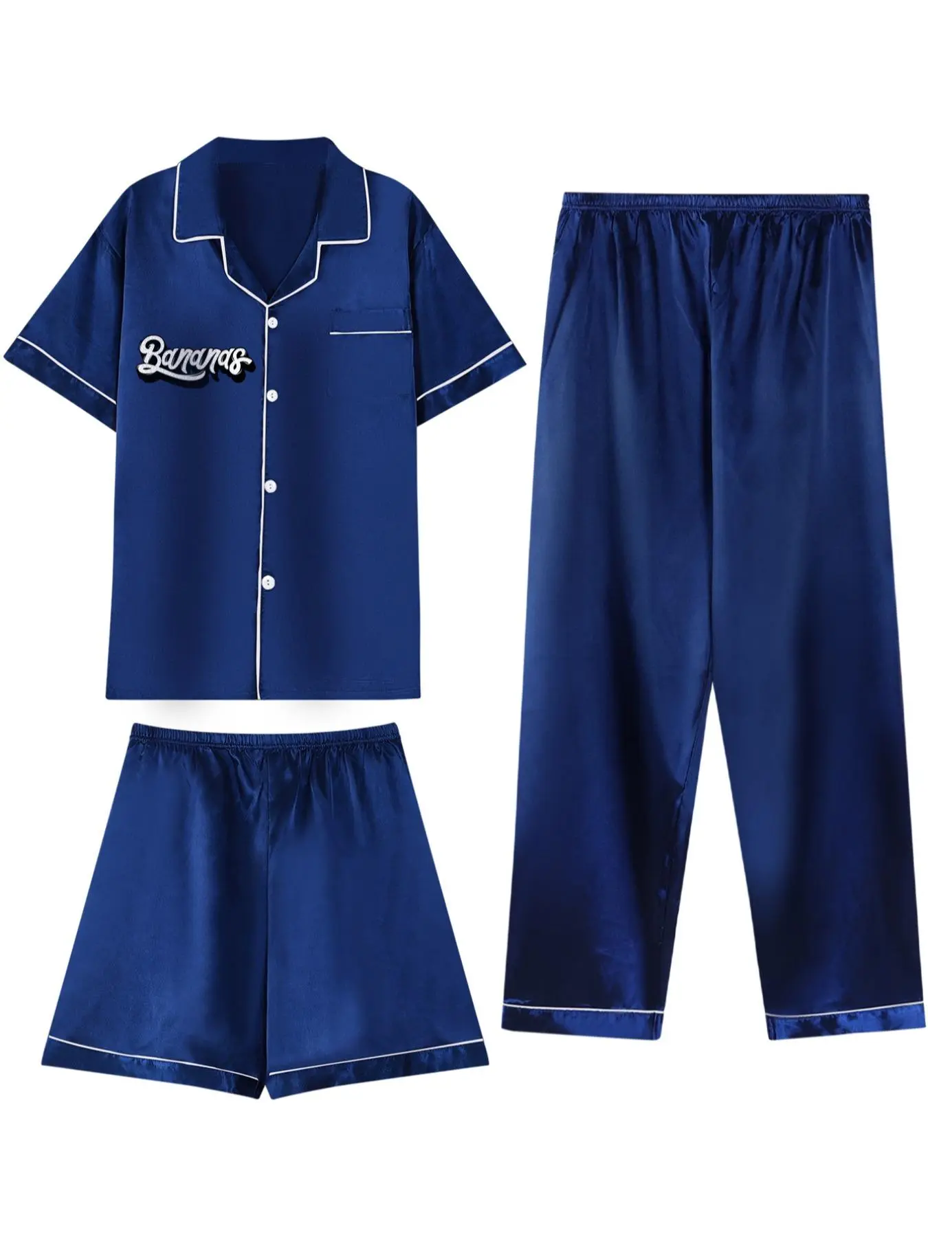 Men's Letter Print Satin Loungewear Set, Casual Comfy Short Sleeve Top & Pants & Shorts PJ Set, Men Sleepwear Set for All Seasons
