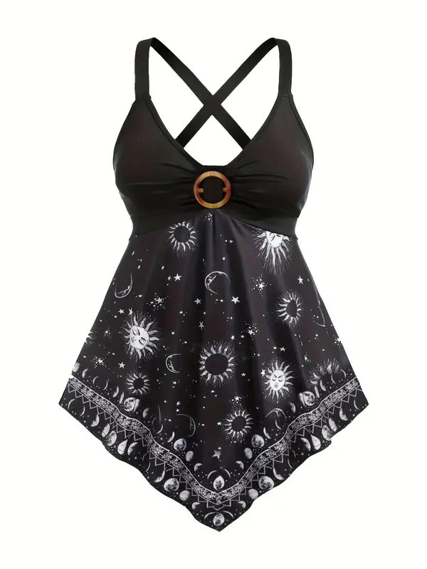 【Plus Size】 Sun & Moon Print Top, Casual Sleeveless Top for Summer, Women's Plus Size Clothing for Daily Wear 5